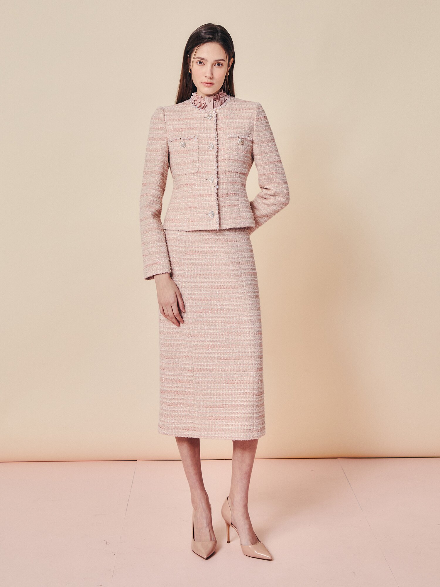 비즈 트리밍 트위드 재킷 (PINK)