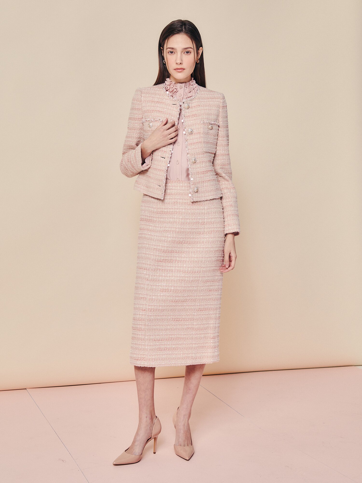 비즈 트리밍 트위드 재킷 (PINK)
