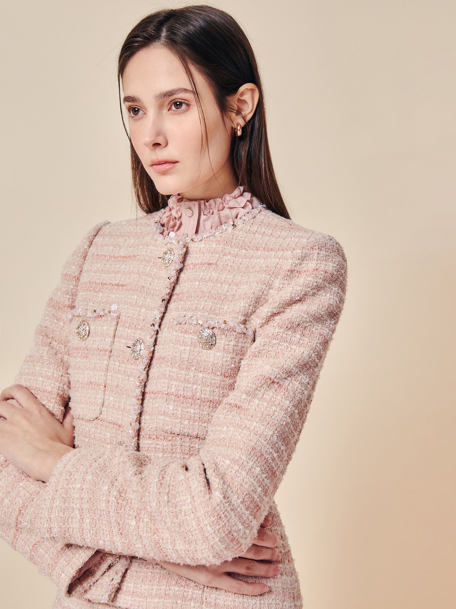 비즈 트리밍 트위드 재킷 (PINK)