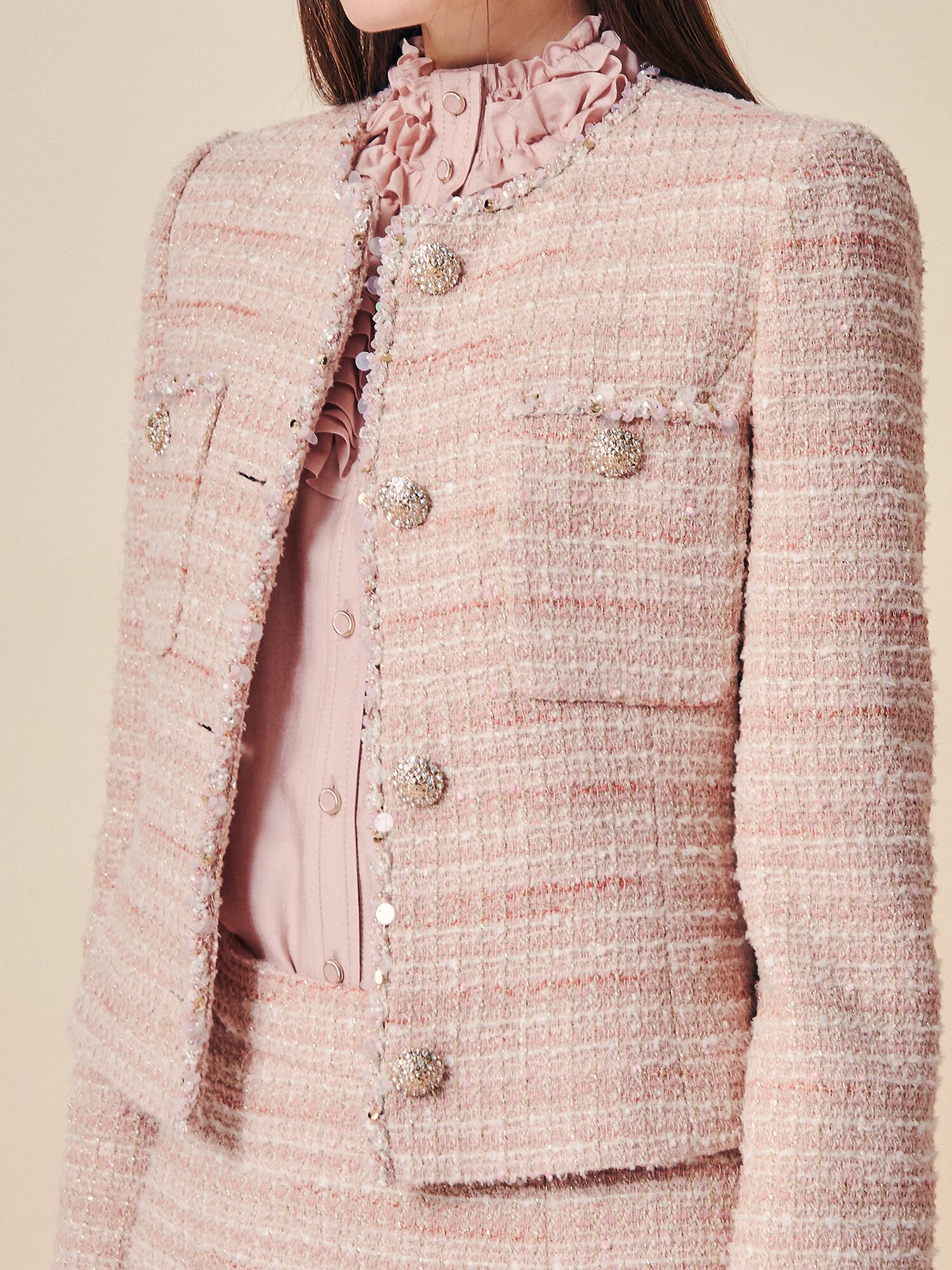 비즈 트리밍 트위드 재킷 (PINK)