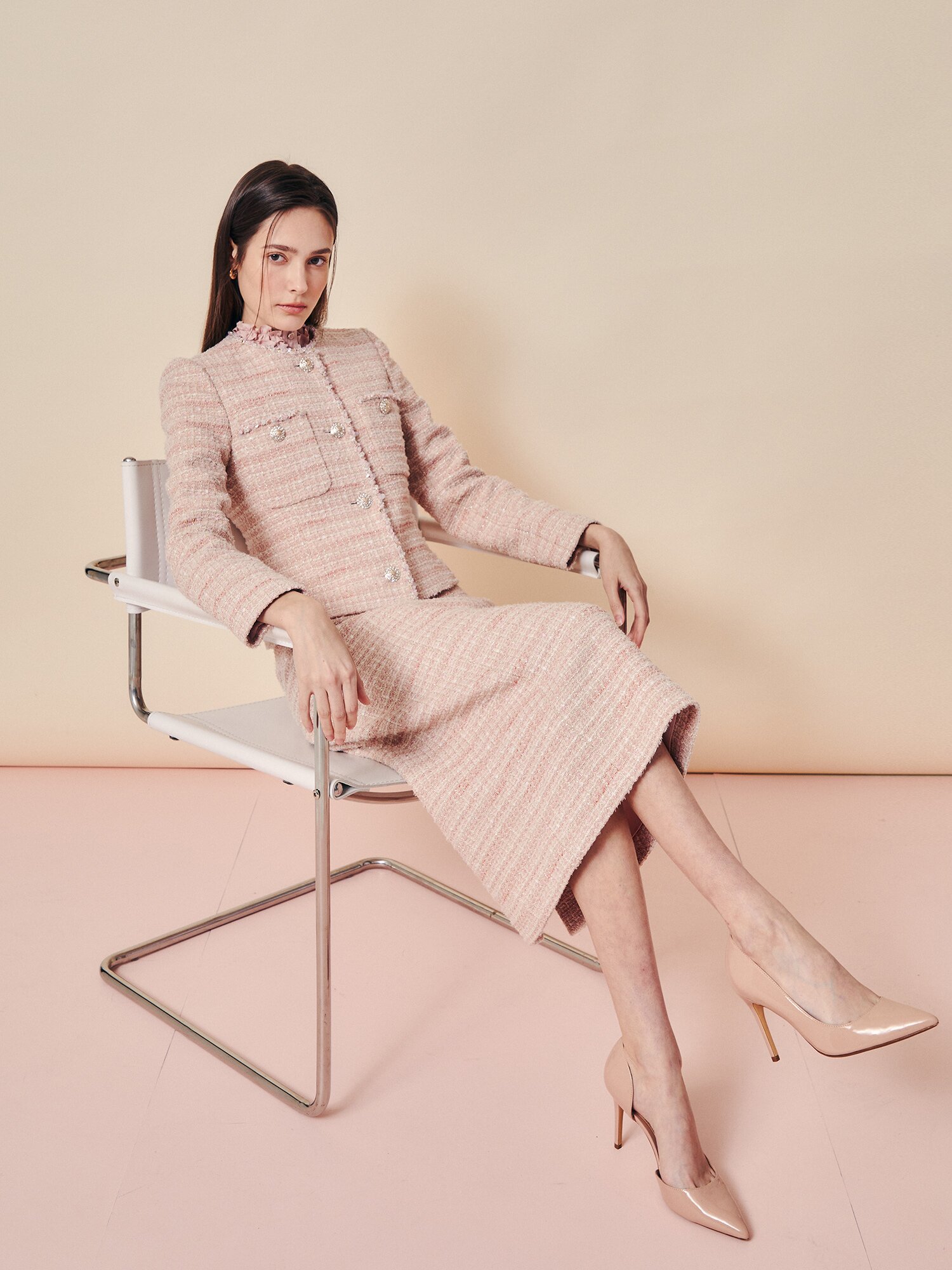 비즈 트리밍 트위드 재킷 (PINK)