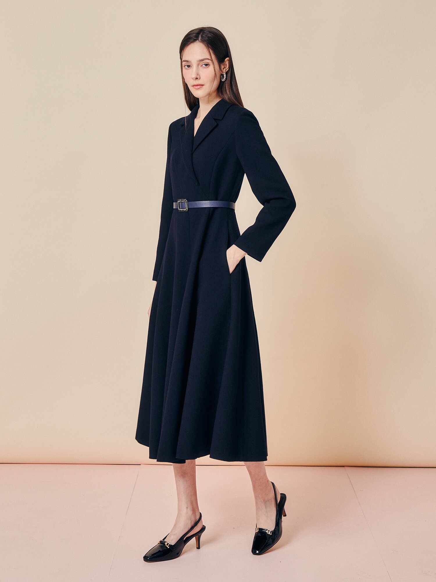 포멀 칼라 벨티드 롱 원피스 (NAVY)