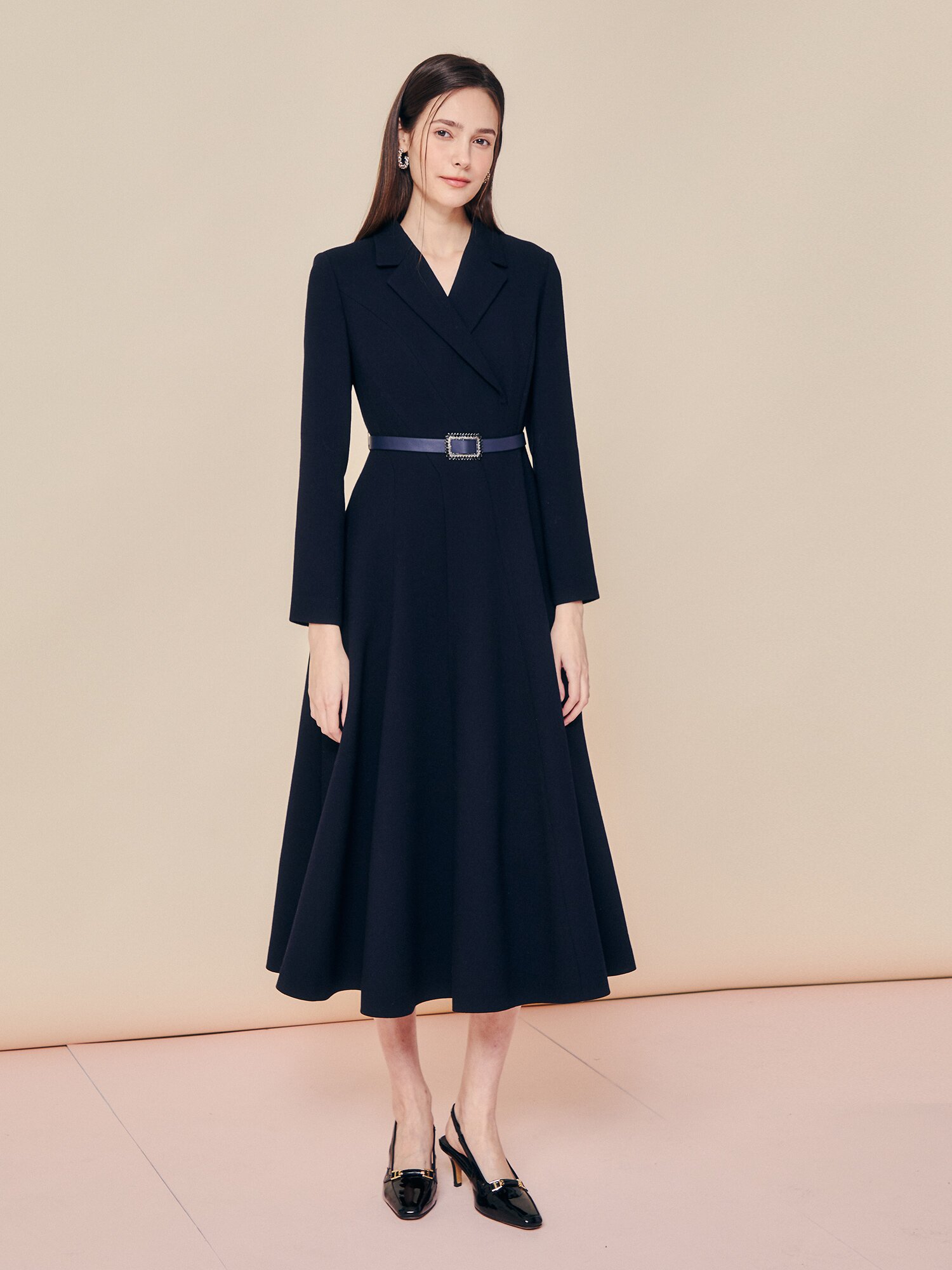 포멀 칼라 벨티드 롱 원피스 (NAVY)