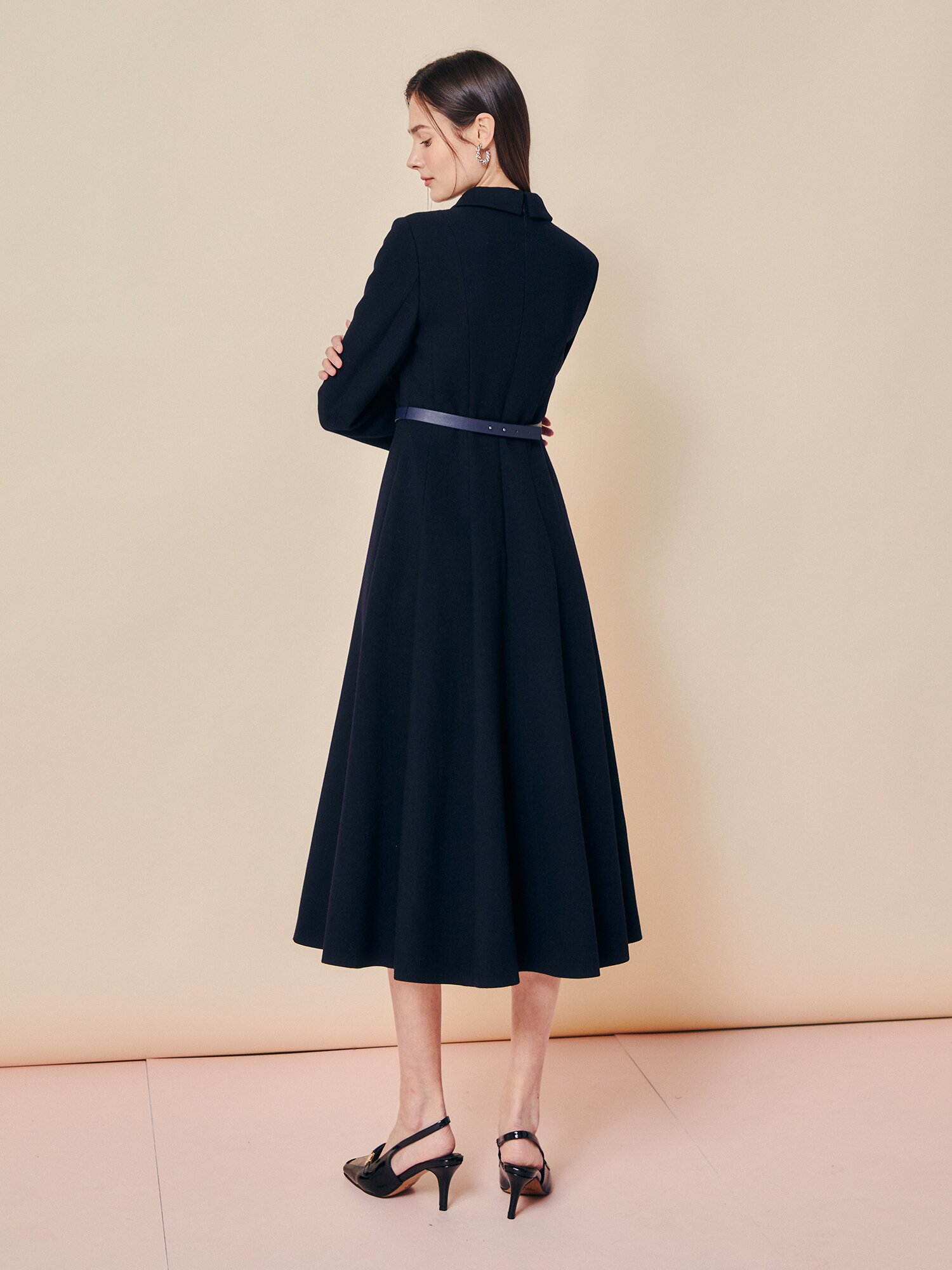 포멀 칼라 벨티드 롱 원피스 (NAVY)