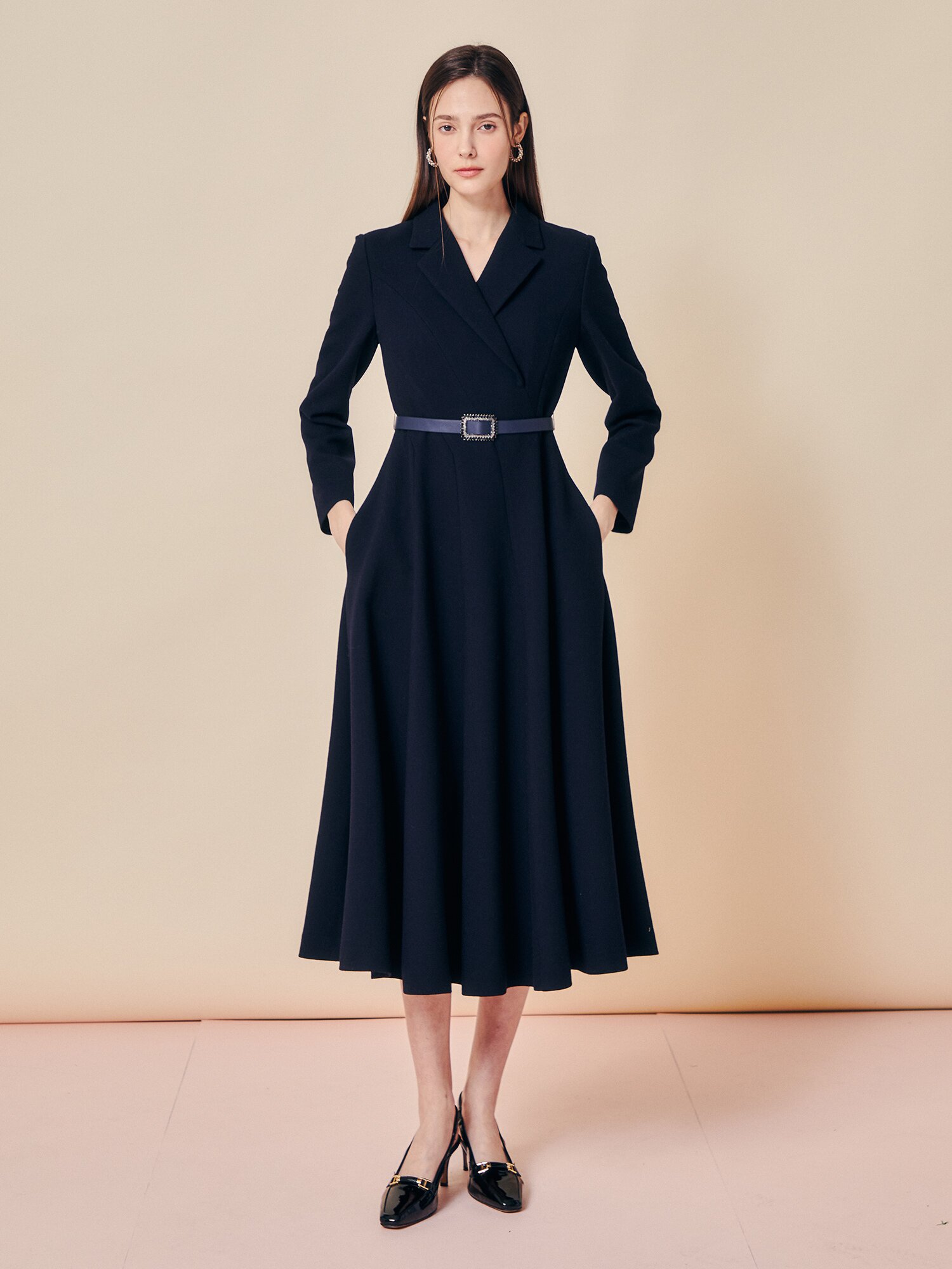 포멀 칼라 벨티드 롱 원피스 (NAVY)
