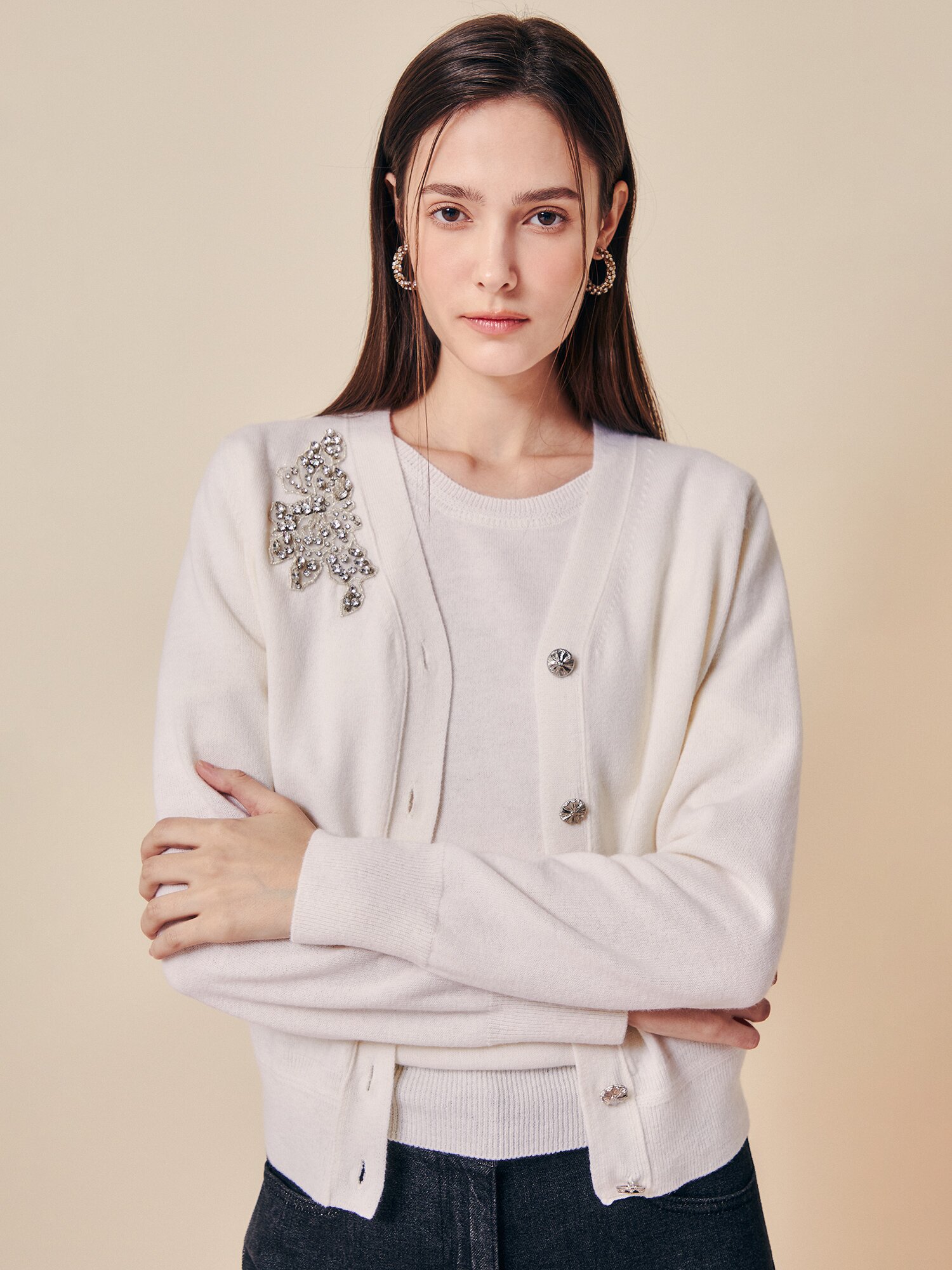 크리스탈 포인트 울 카디건 (IVORY)