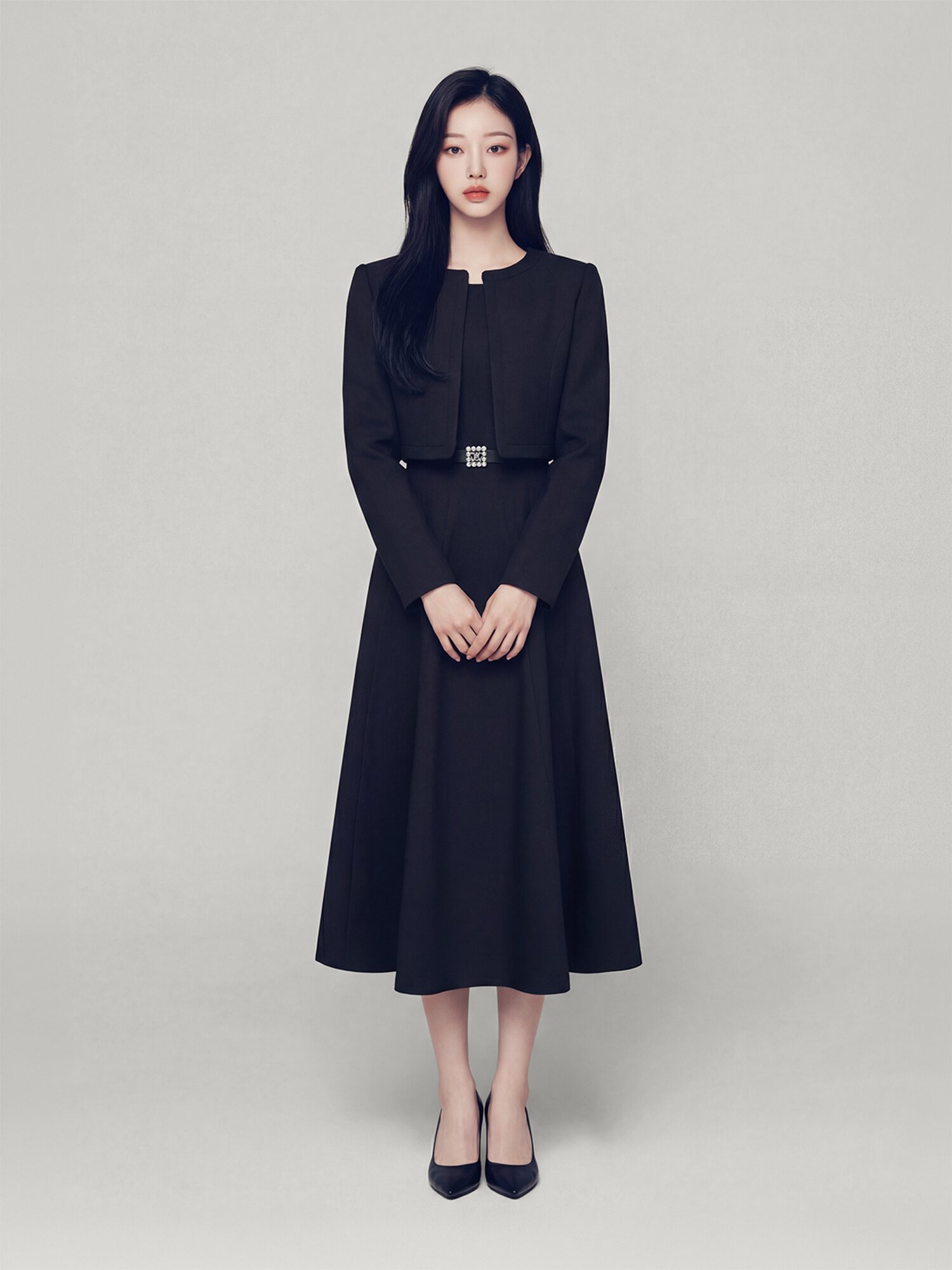 스퀘어 플레어 원피스 +재킷 세트 (BLACK)