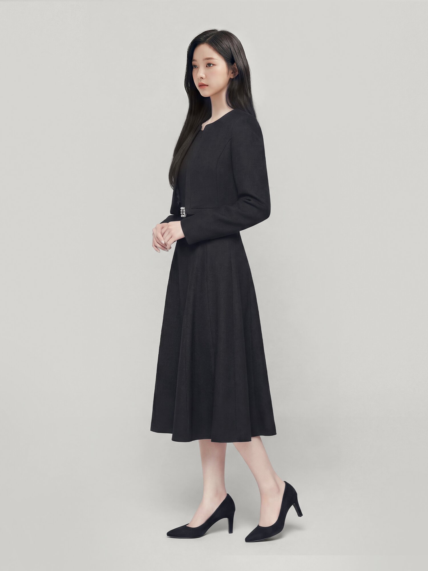 스퀘어 플레어 원피스 +재킷 세트 (BLACK)
