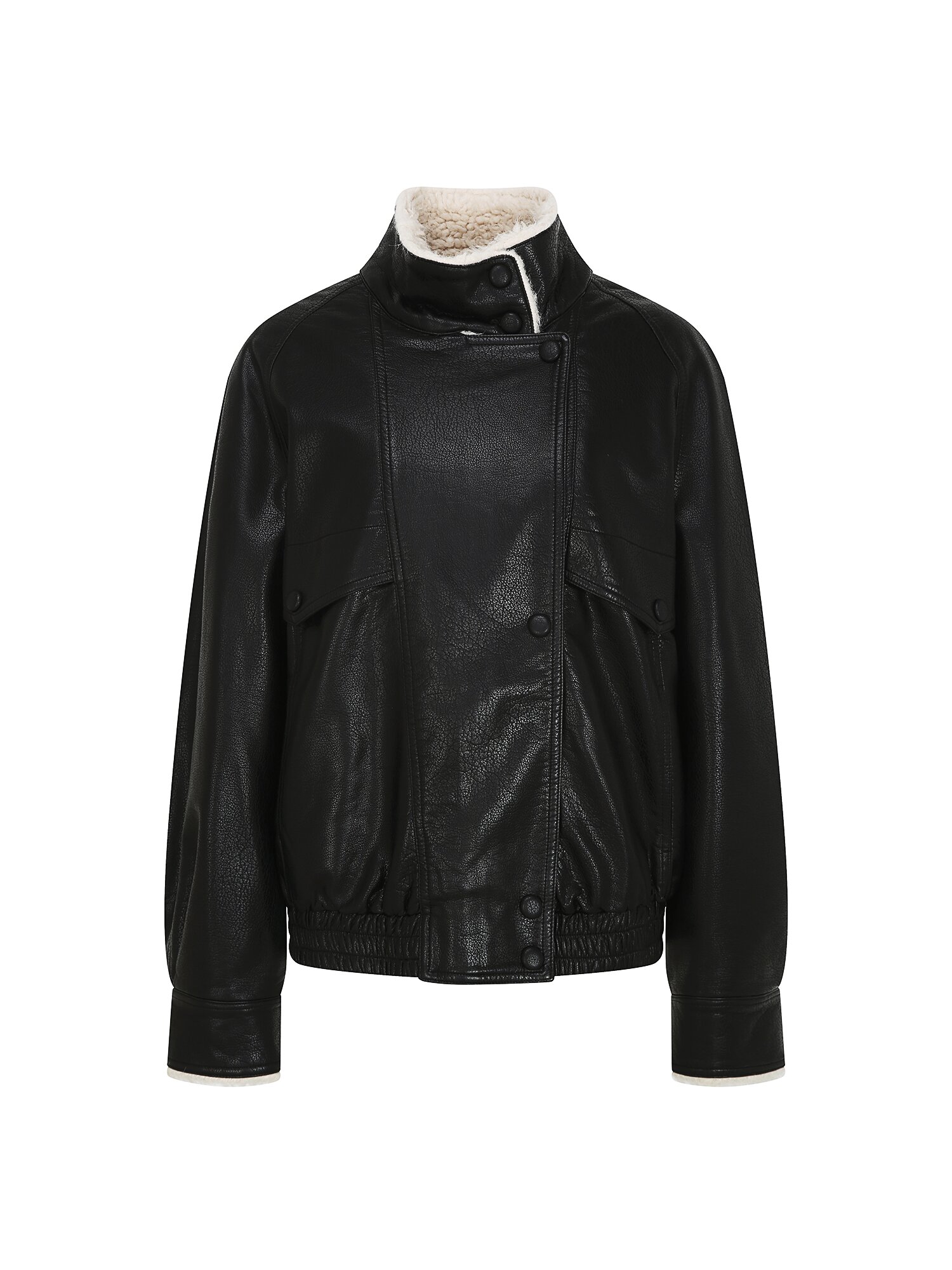 페이크 레더 하이넥 무스탕 점퍼 (BLACK)