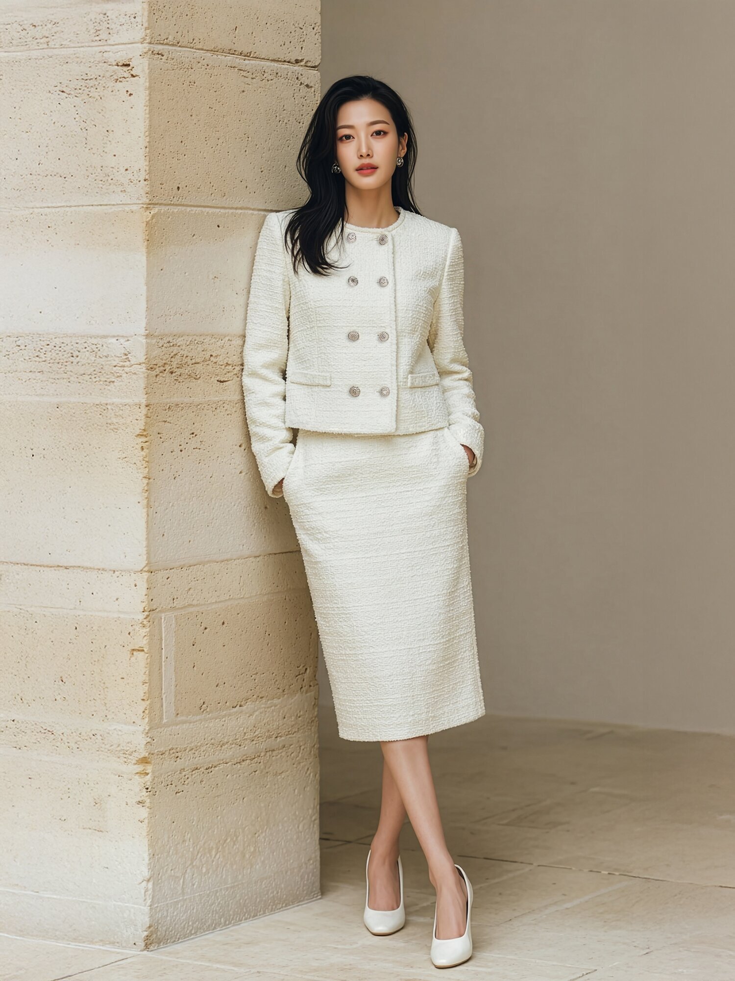 테일러드 더블 버튼 A라인 원피스 (CREAM)