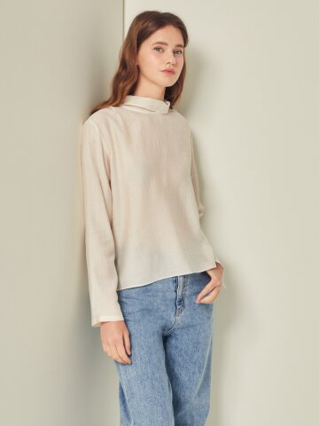 링클 백 리본 하이넥 블라우스 