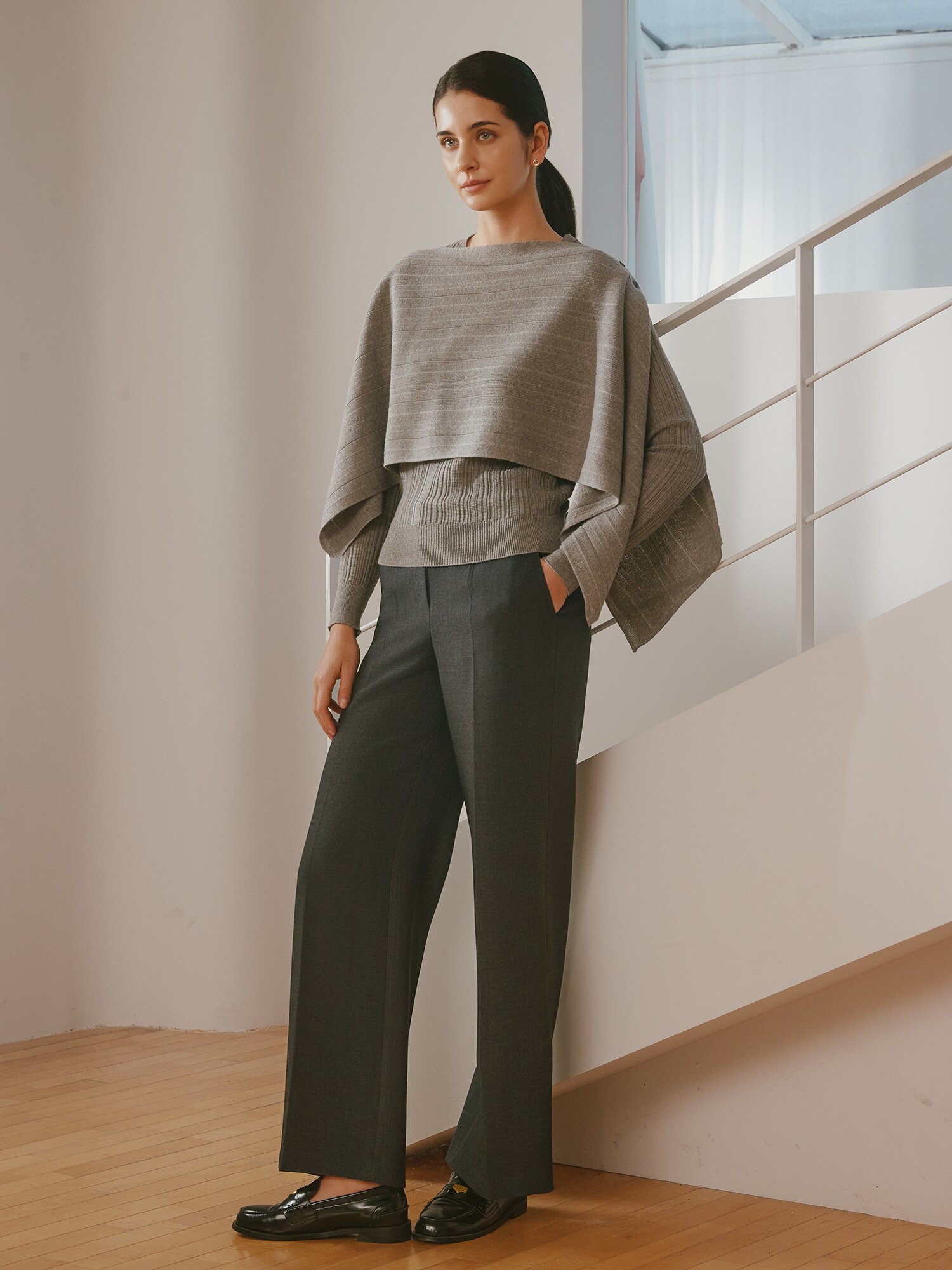 히든 버튼 백 밴딩 와이드 팬츠 (MELANGE GREY)