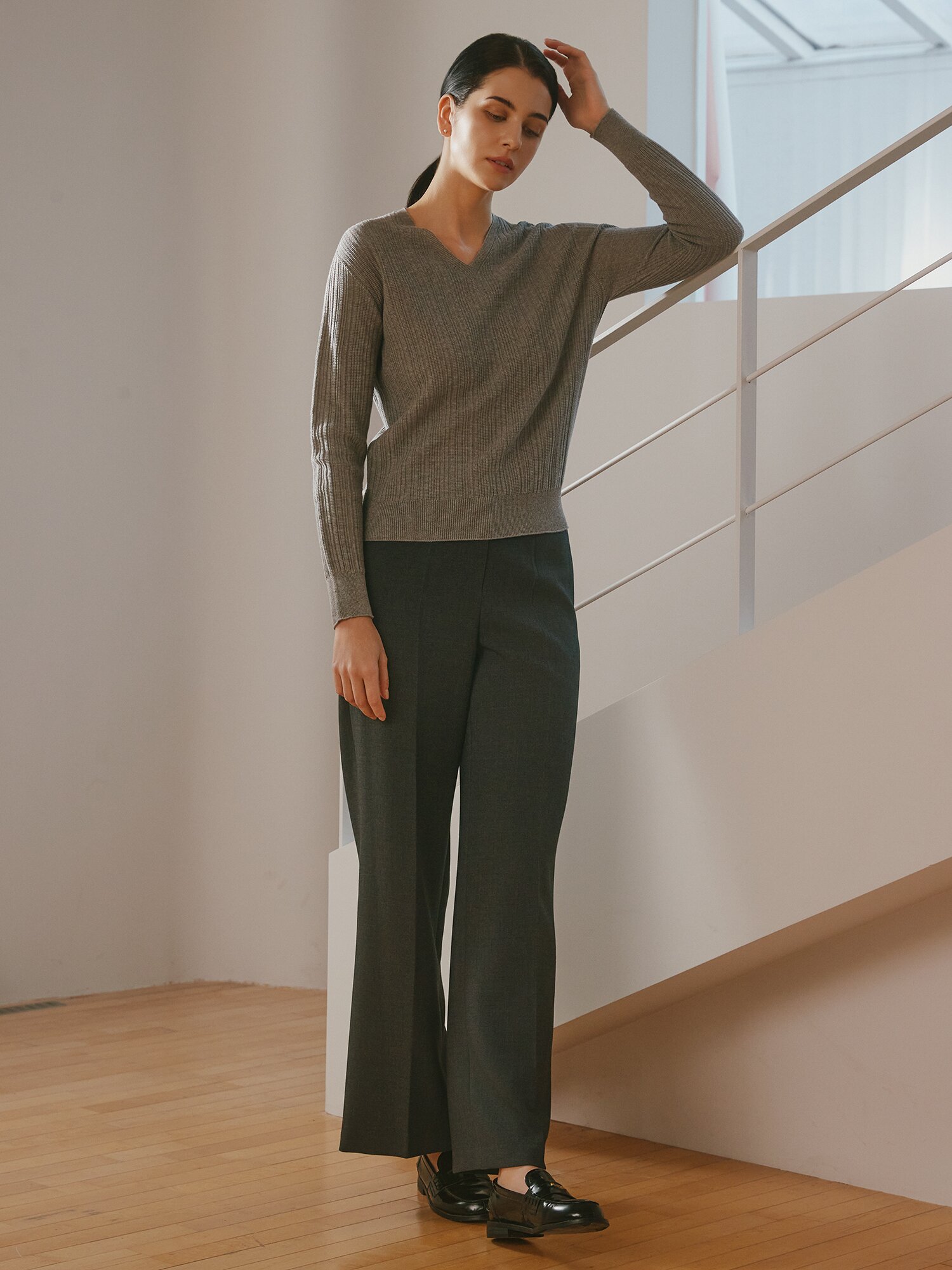 히든 버튼 백 밴딩 와이드 팬츠 (MELANGE GREY)