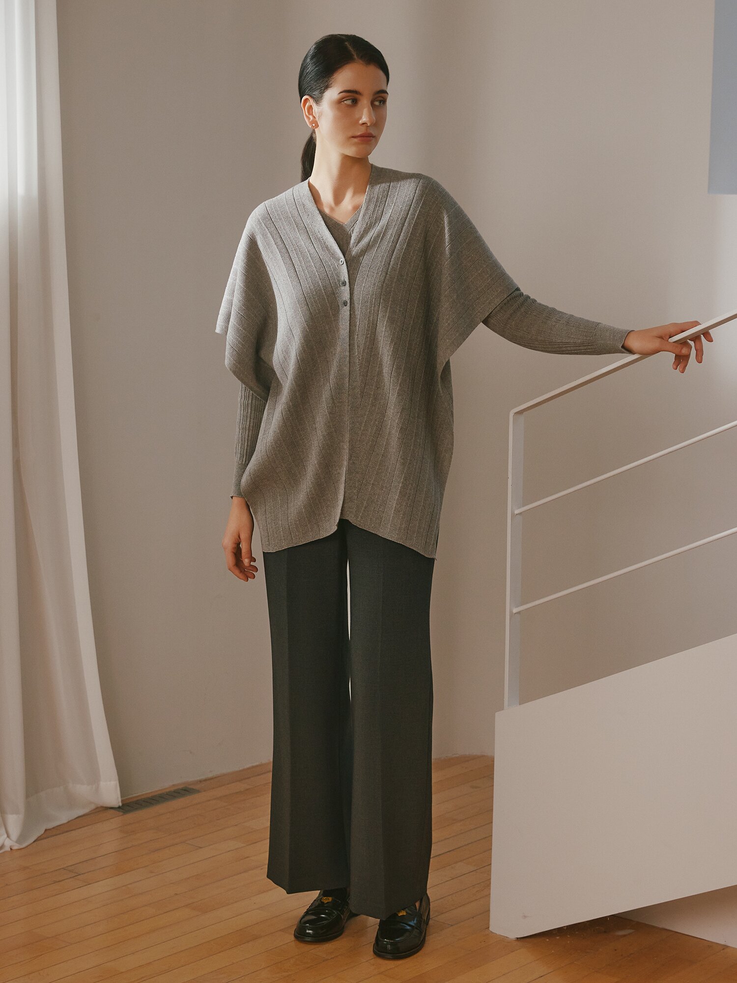 히든 버튼 백 밴딩 와이드 팬츠 (MELANGE GREY)