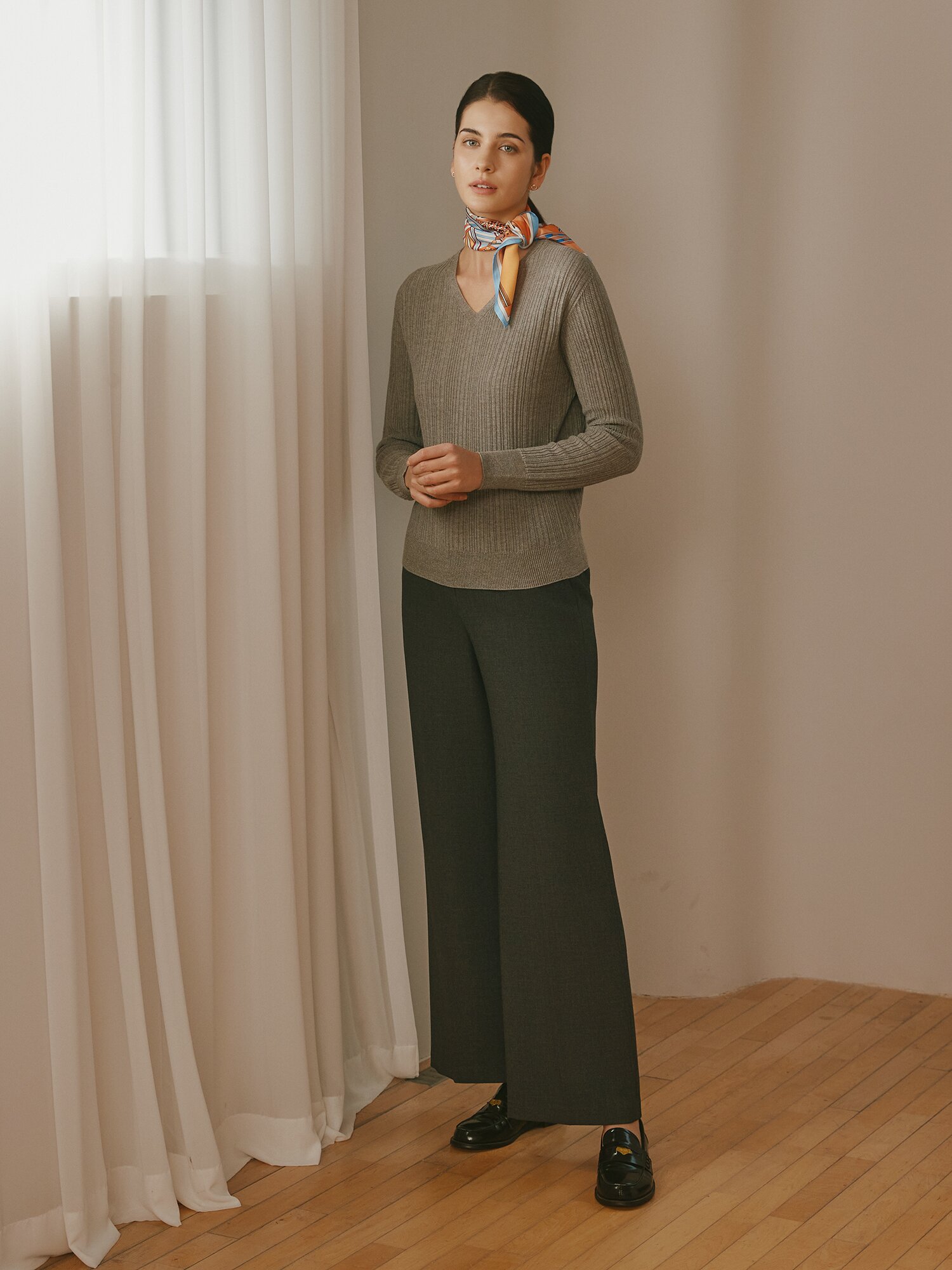 히든 버튼 백 밴딩 와이드 팬츠 (MELANGE GREY)