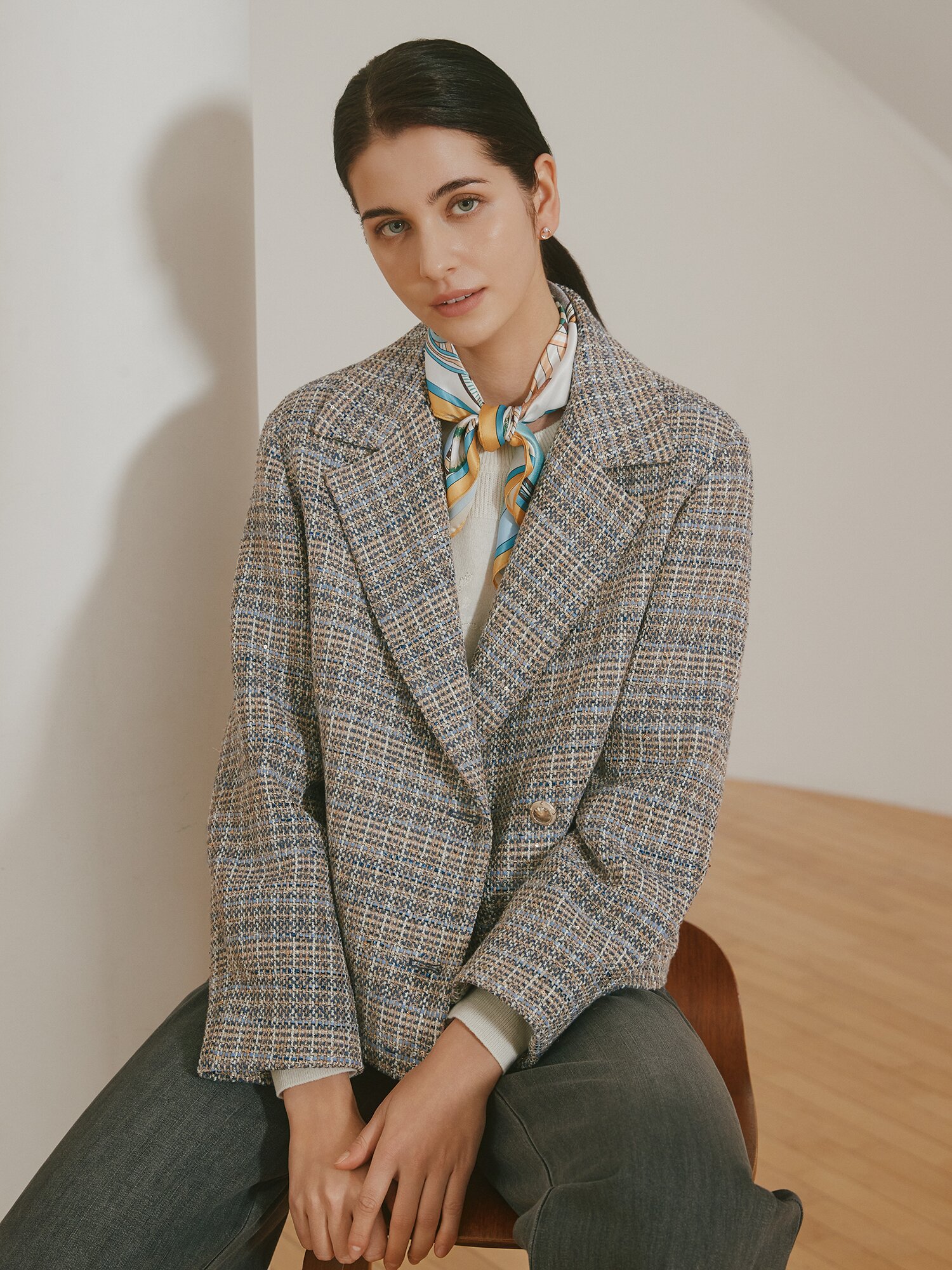 루즈핏 글리터 트위드 재킷 (CHECK NAVY)