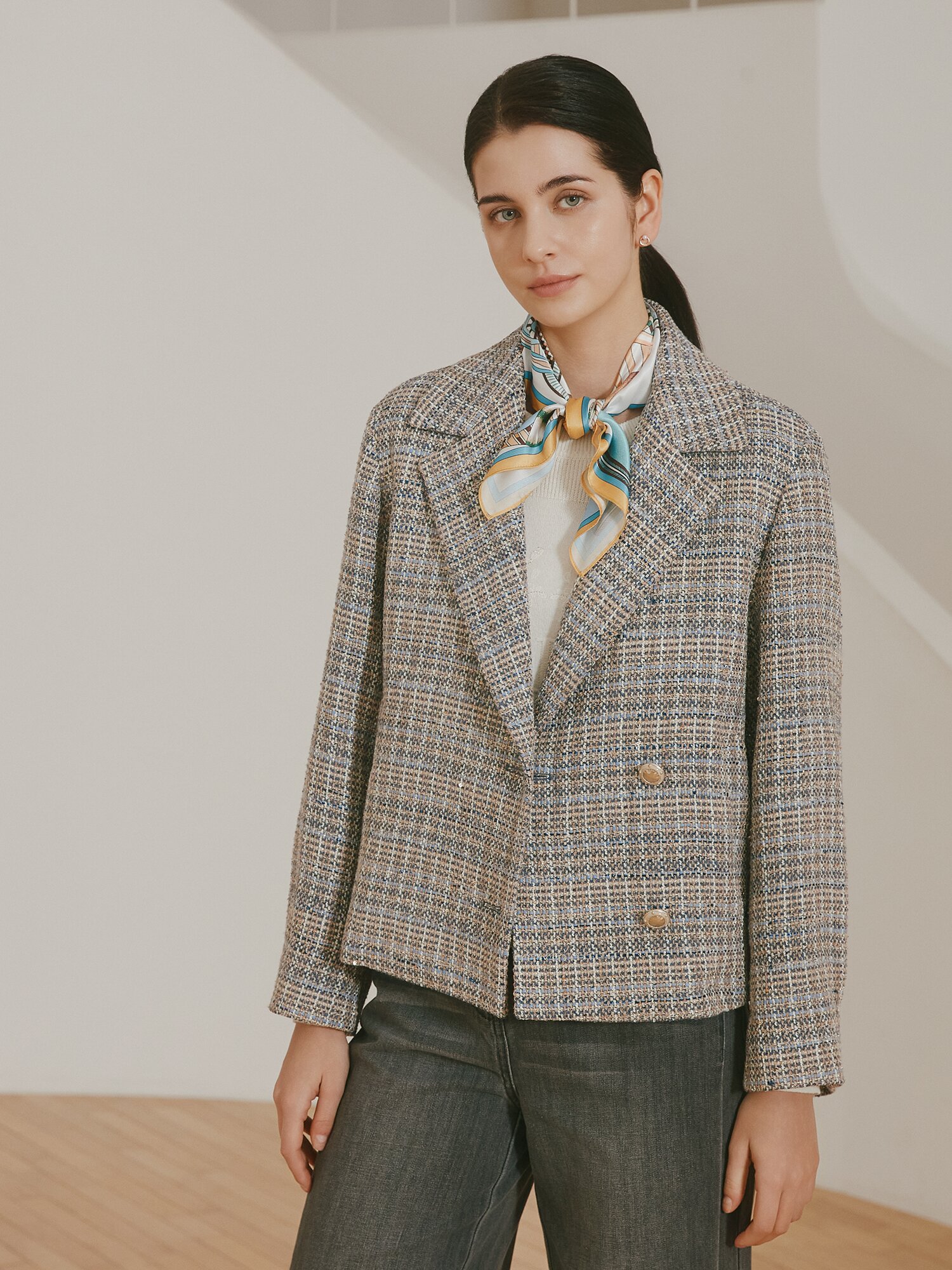 루즈핏 글리터 트위드 재킷 (CHECK NAVY)