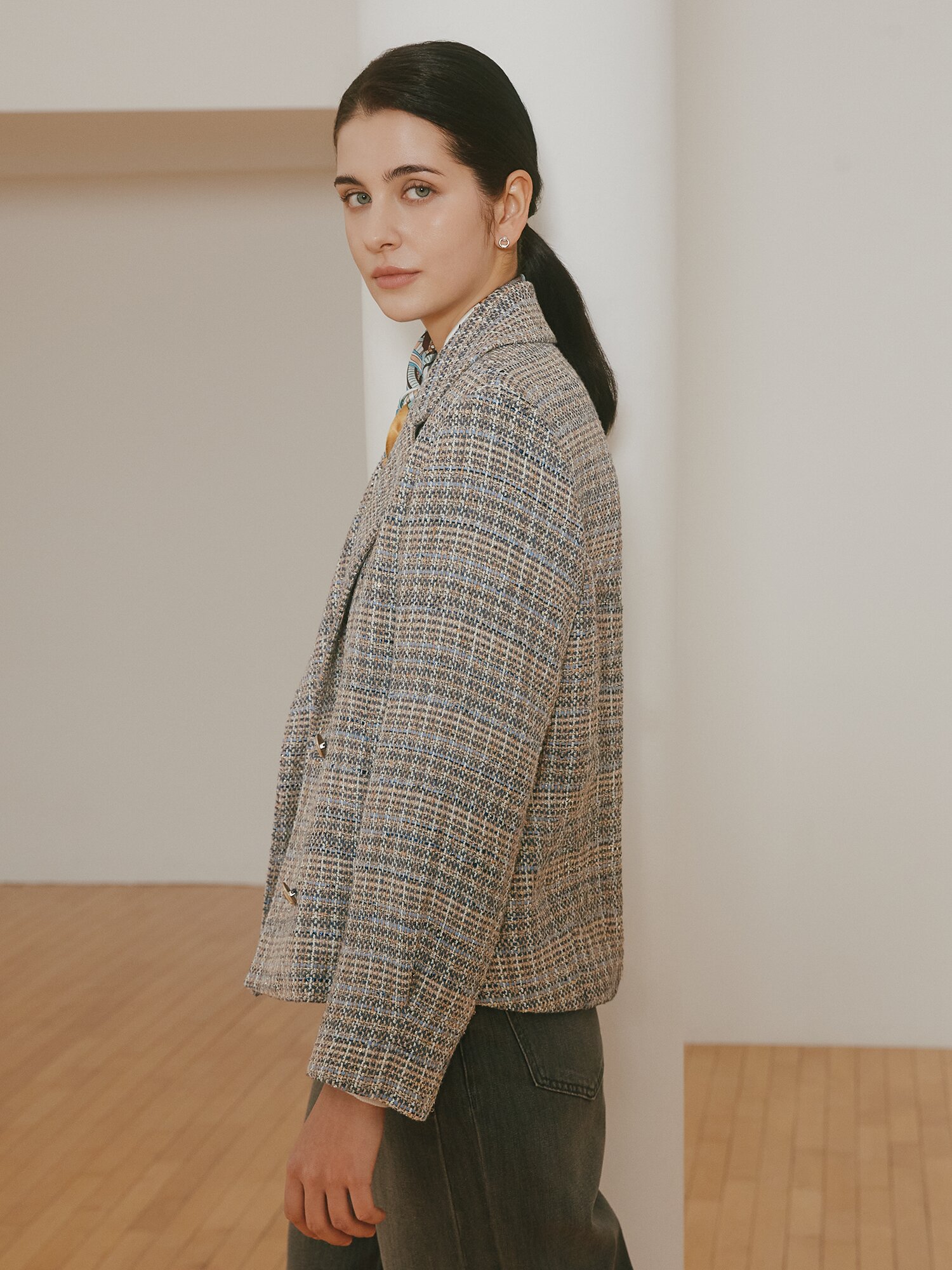 루즈핏 글리터 트위드 재킷 (CHECK NAVY)