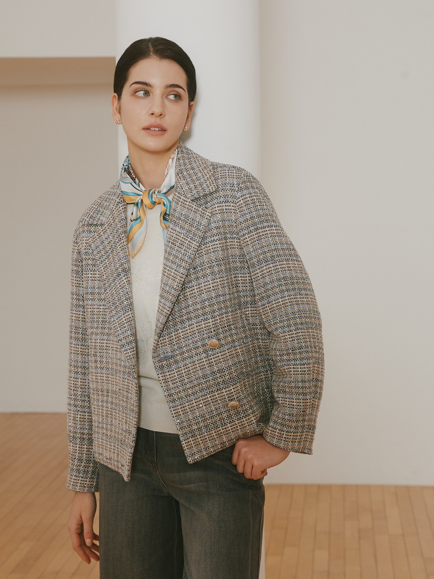 루즈핏 글리터 트위드 재킷 (CHECK NAVY)