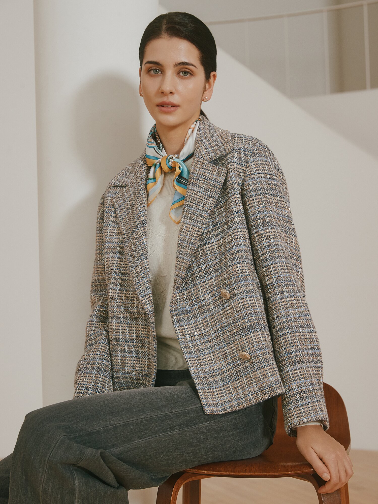 루즈핏 글리터 트위드 재킷 (CHECK NAVY)