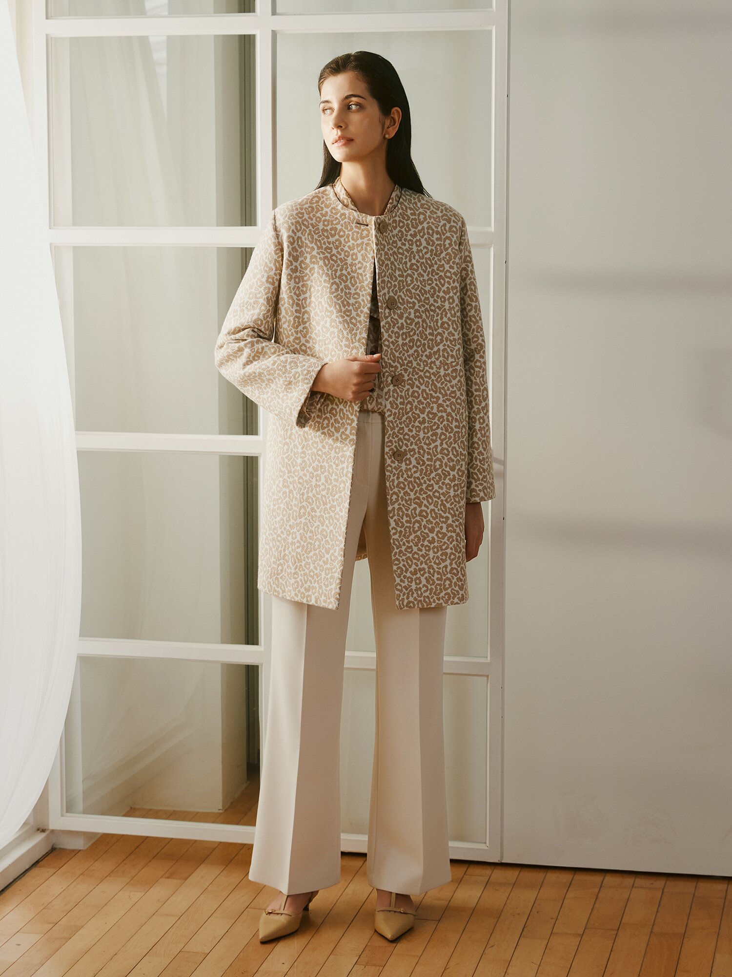 울 레오파드 라운드넥 롱 재킷 (PRINT BEIGE)