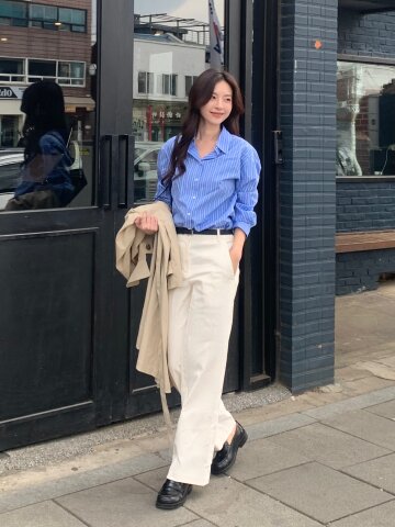 코튼 백 밴딩 세미 와이드 팬츠 