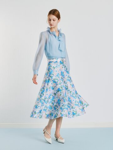 벨티드 플로럴 플레어 스커트 