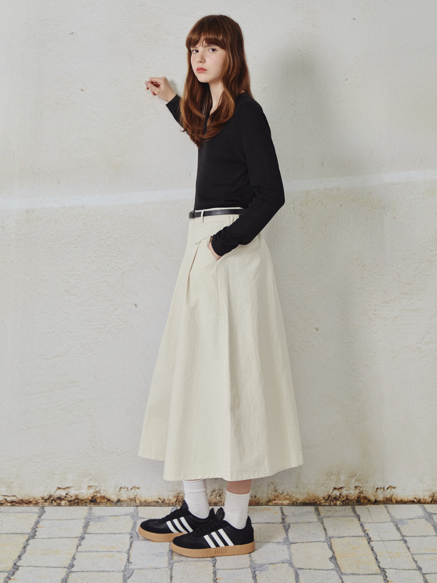 밴딩 A라인 투 턱 스커트 (IVORY)