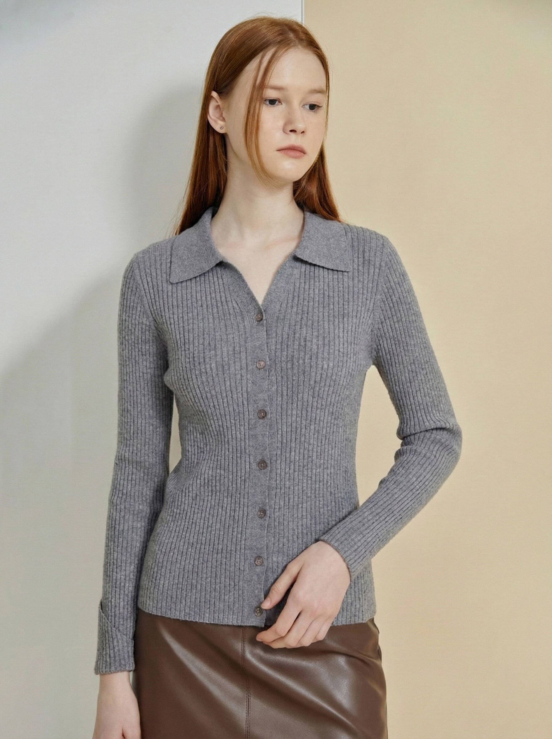 골지 오픈 칼라 니트 가디건 (GREY)