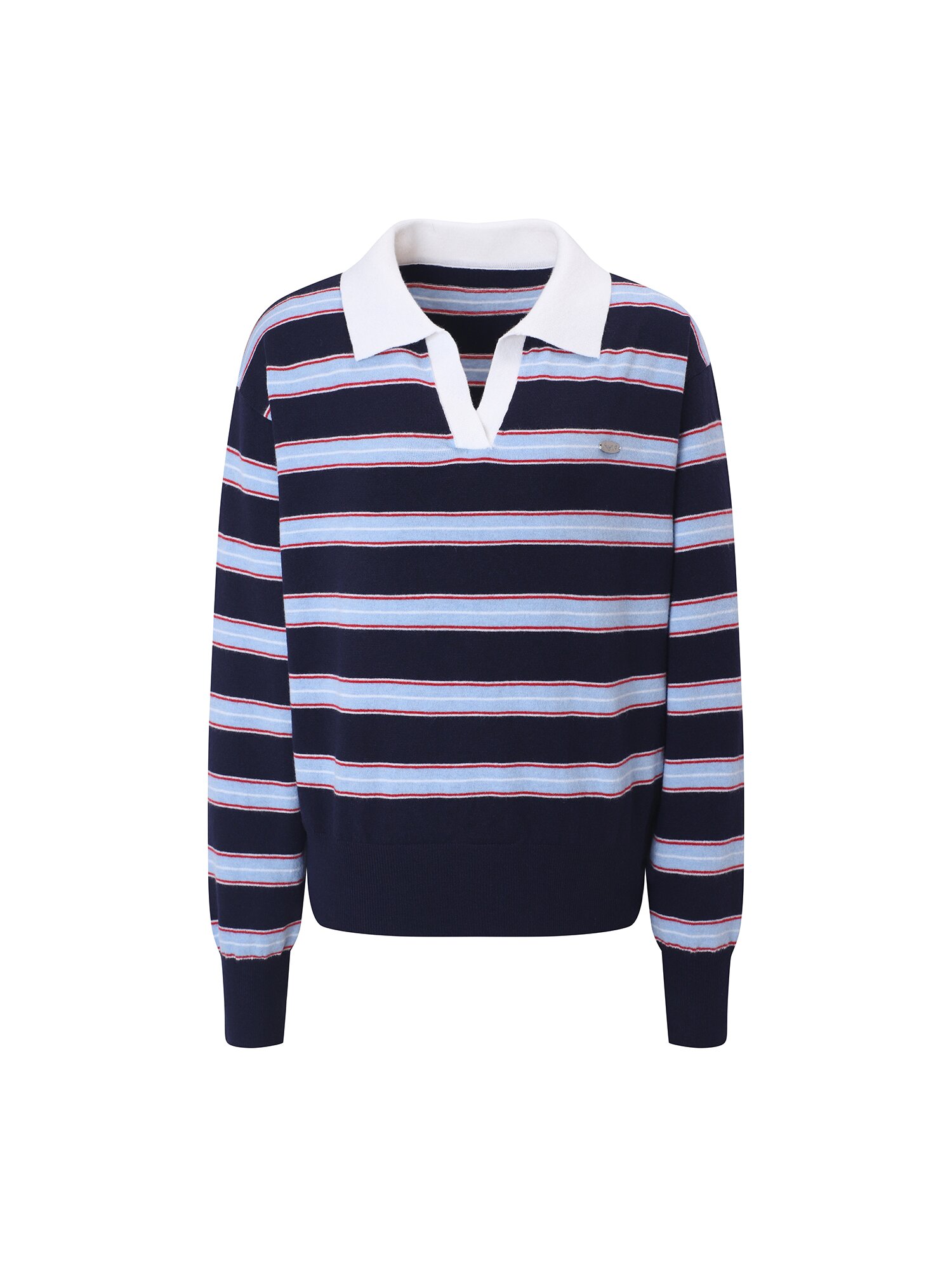 스트라이프 오픈 칼라 풀오버 니트 (NAVY)