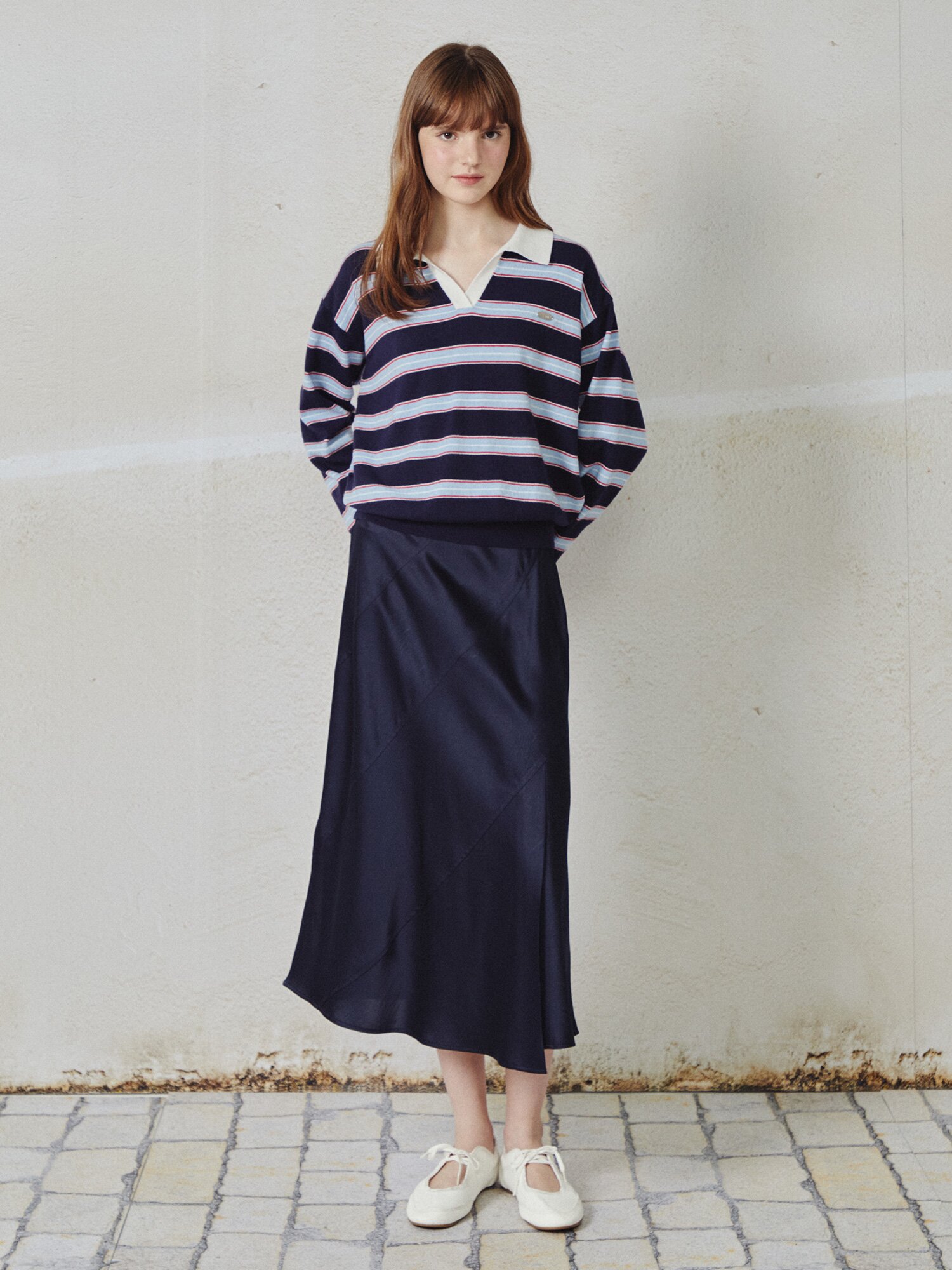 스트라이프 오픈 칼라 풀오버 니트 (NAVY)