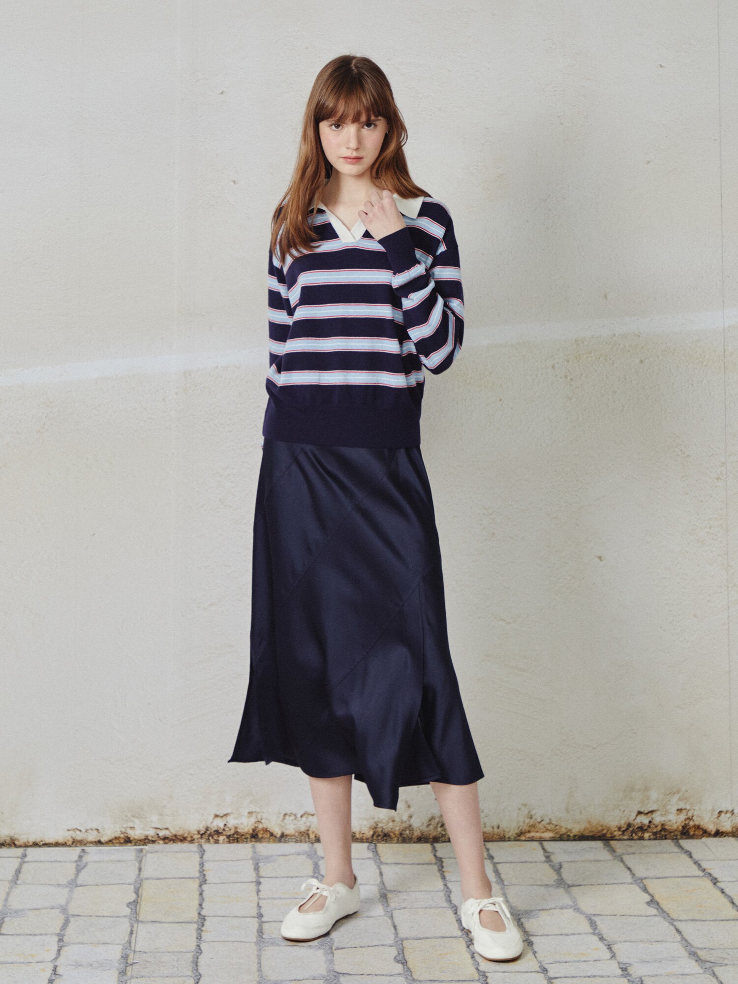 스트라이프 오픈 칼라 풀오버 니트 (NAVY)