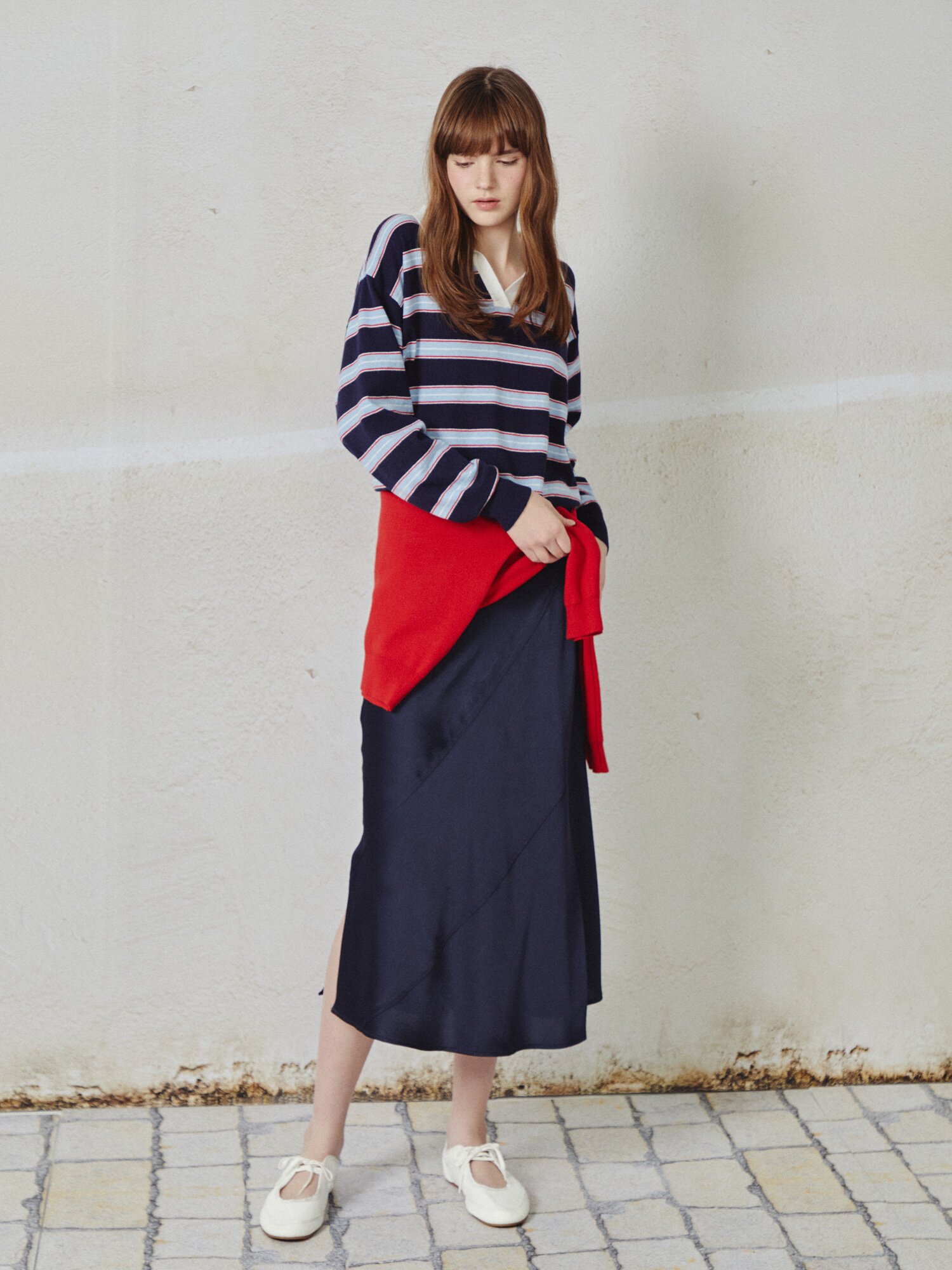 스트라이프 오픈 칼라 풀오버 니트 (NAVY)