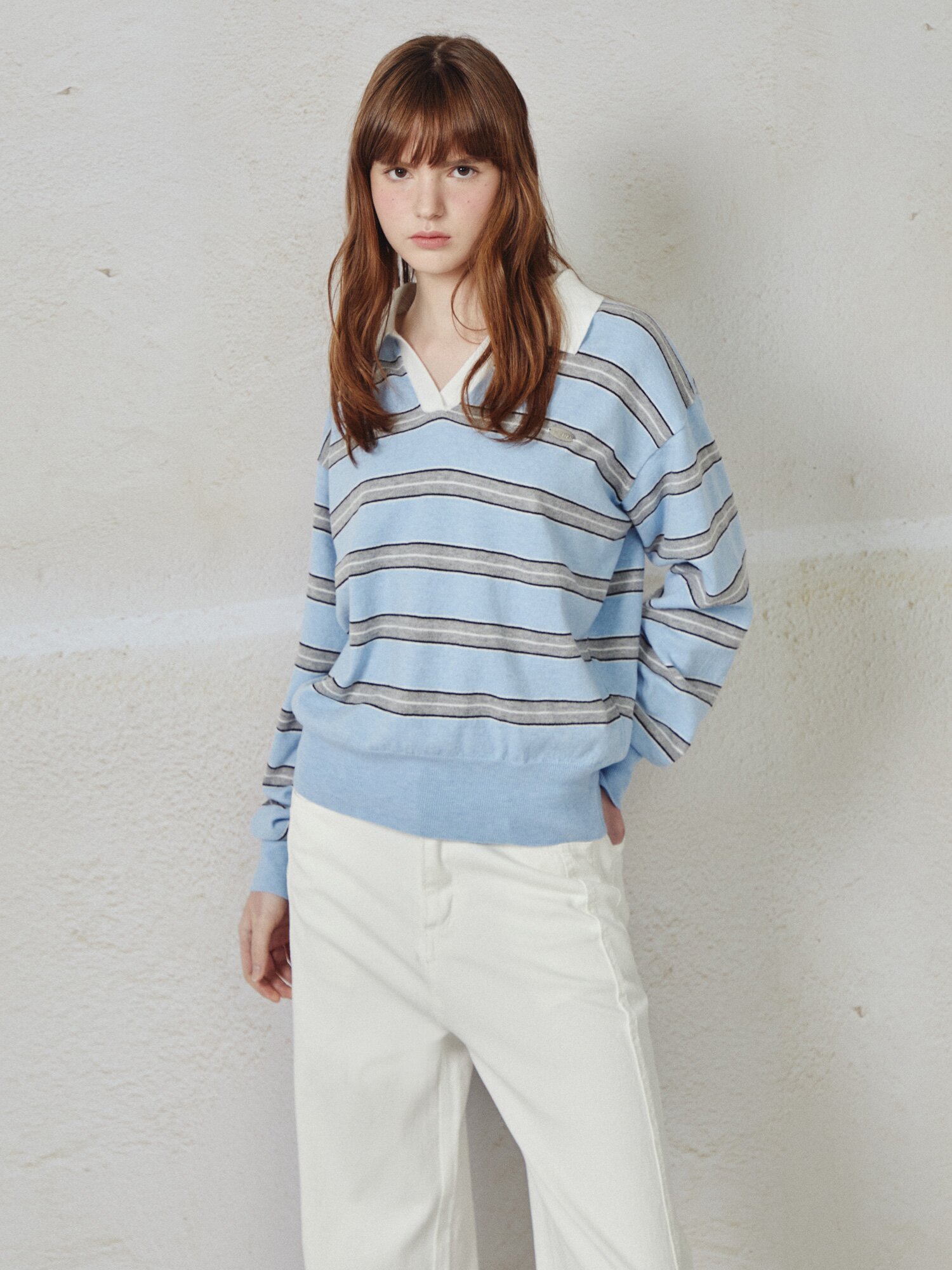 스트라이프 오픈 칼라 풀오버 니트 (LIGHT BLUE)