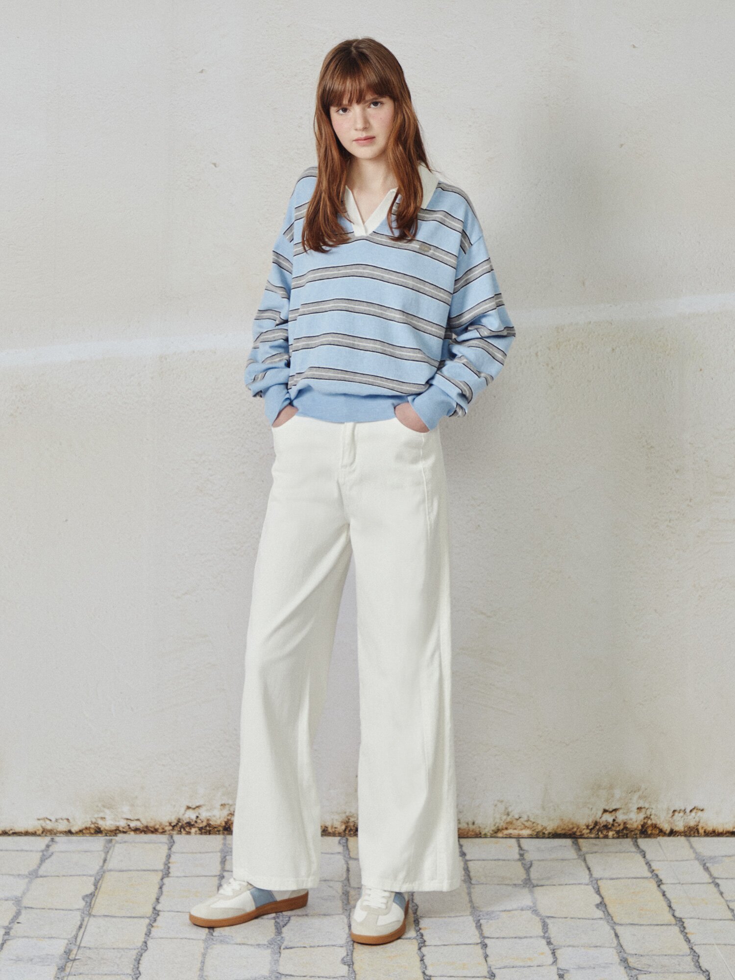 스트라이프 오픈 칼라 풀오버 니트 (LIGHT BLUE)