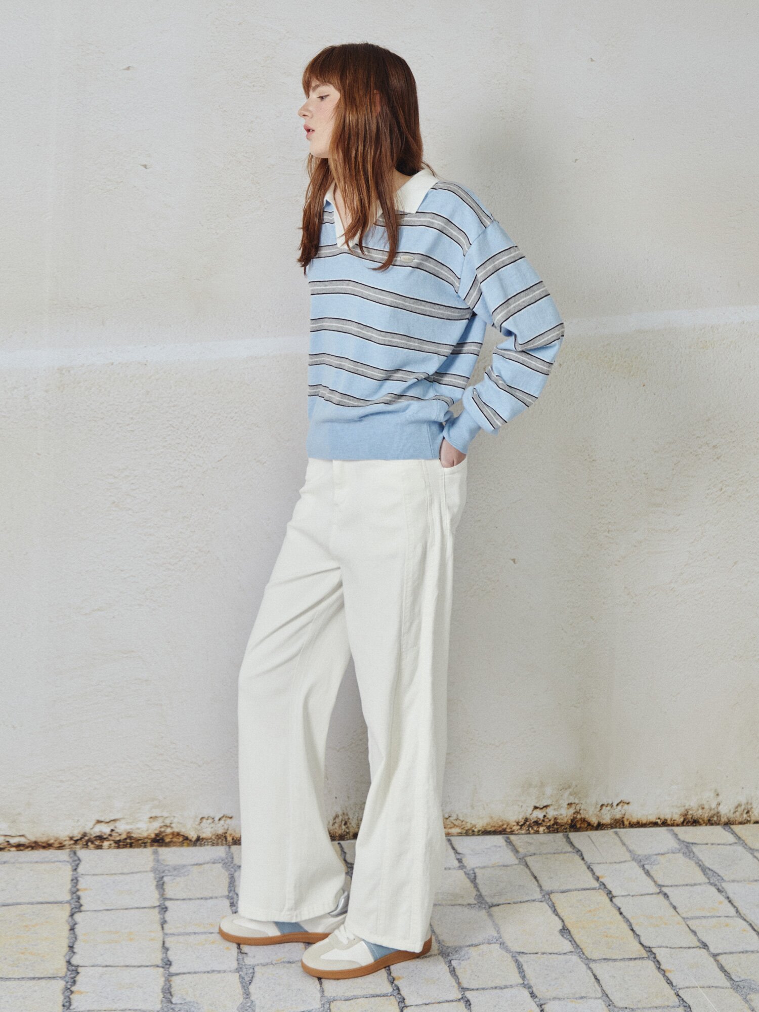 스트라이프 오픈 칼라 풀오버 니트 (LIGHT BLUE)