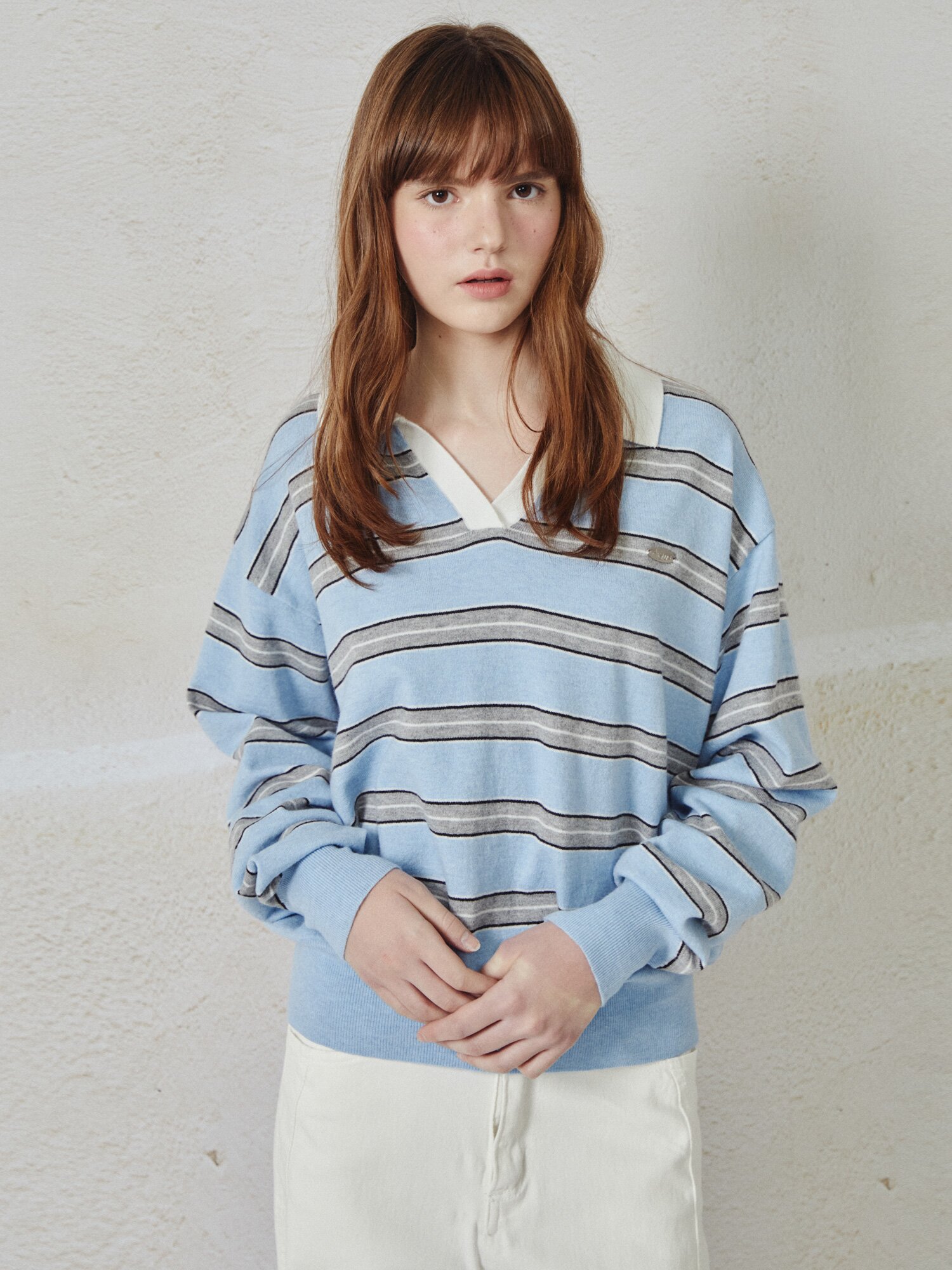 스트라이프 오픈 칼라 풀오버 니트 (LIGHT BLUE)