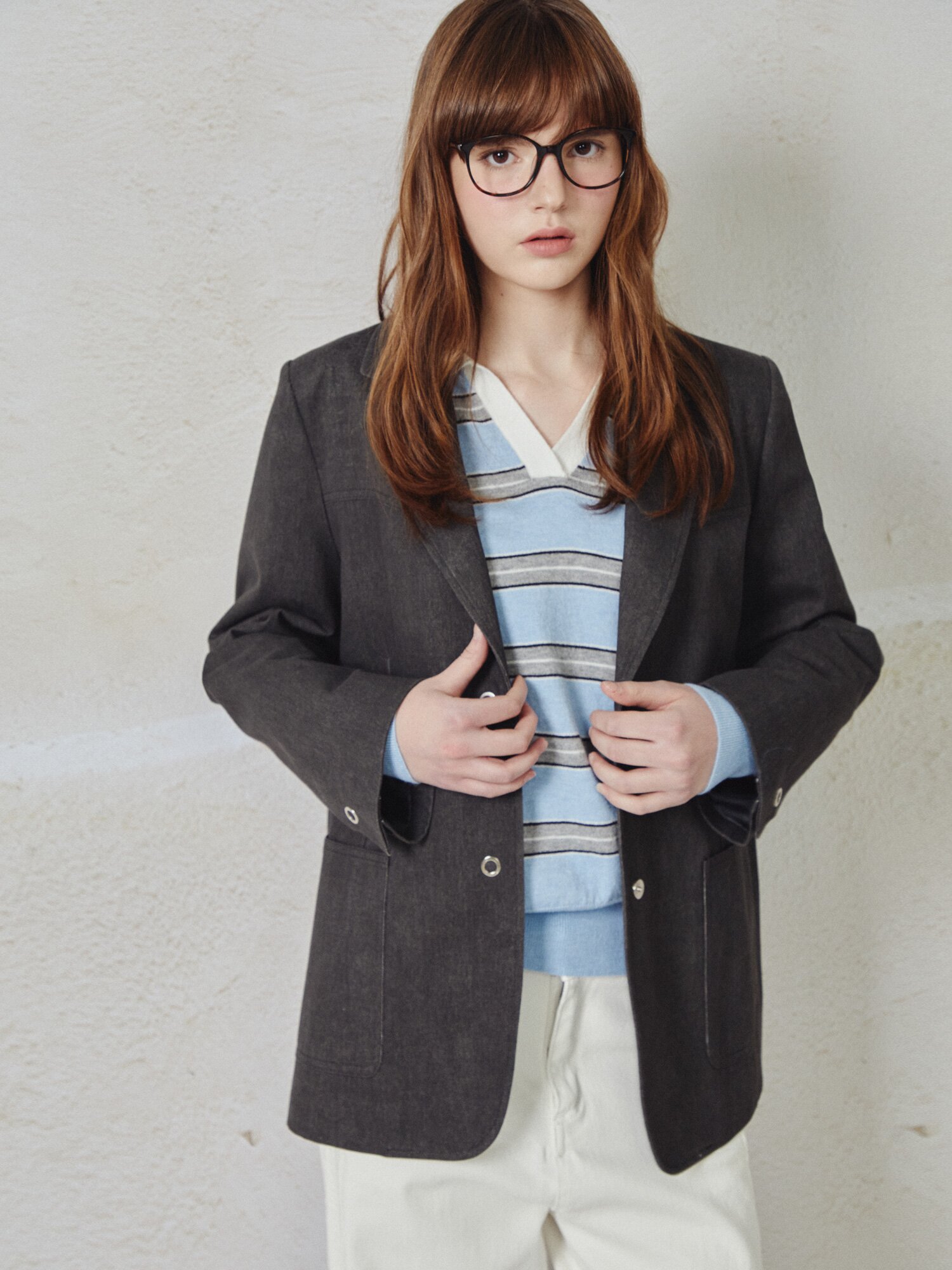 스트라이프 오픈 칼라 풀오버 니트 (LIGHT BLUE)