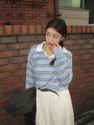 스트라이프 오픈 칼라 풀오버 니트 