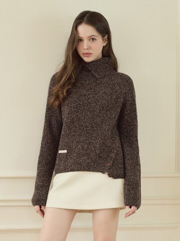 보카시 리브 버튼 터틀넥 스웨터 - 브라운/그레이
