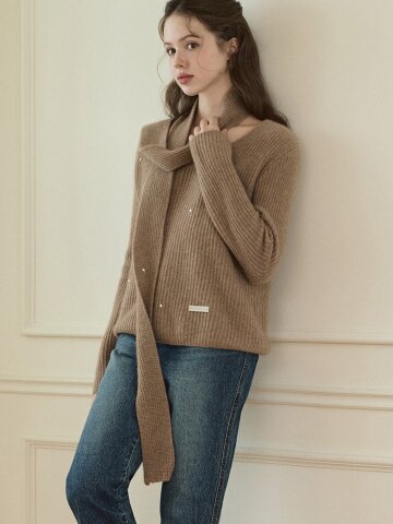 캐시100 진주알 브이넥 니트 머플러 세트 - 베이지
