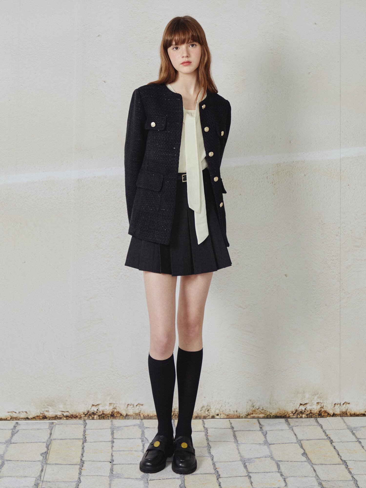 라운드넥 하프 트위드 재킷  (BLACK)