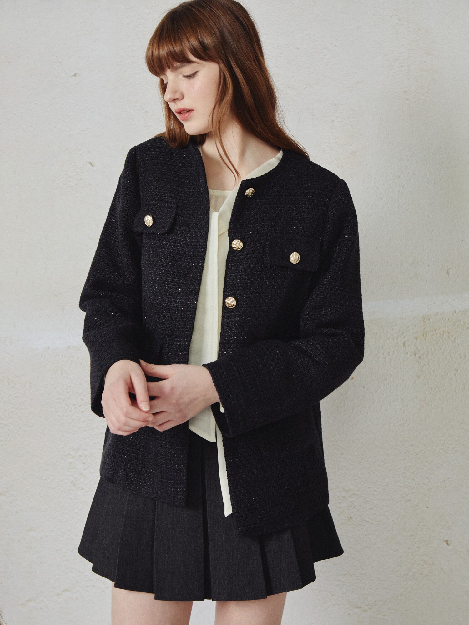 라운드넥 하프 트위드 재킷  (BLACK)