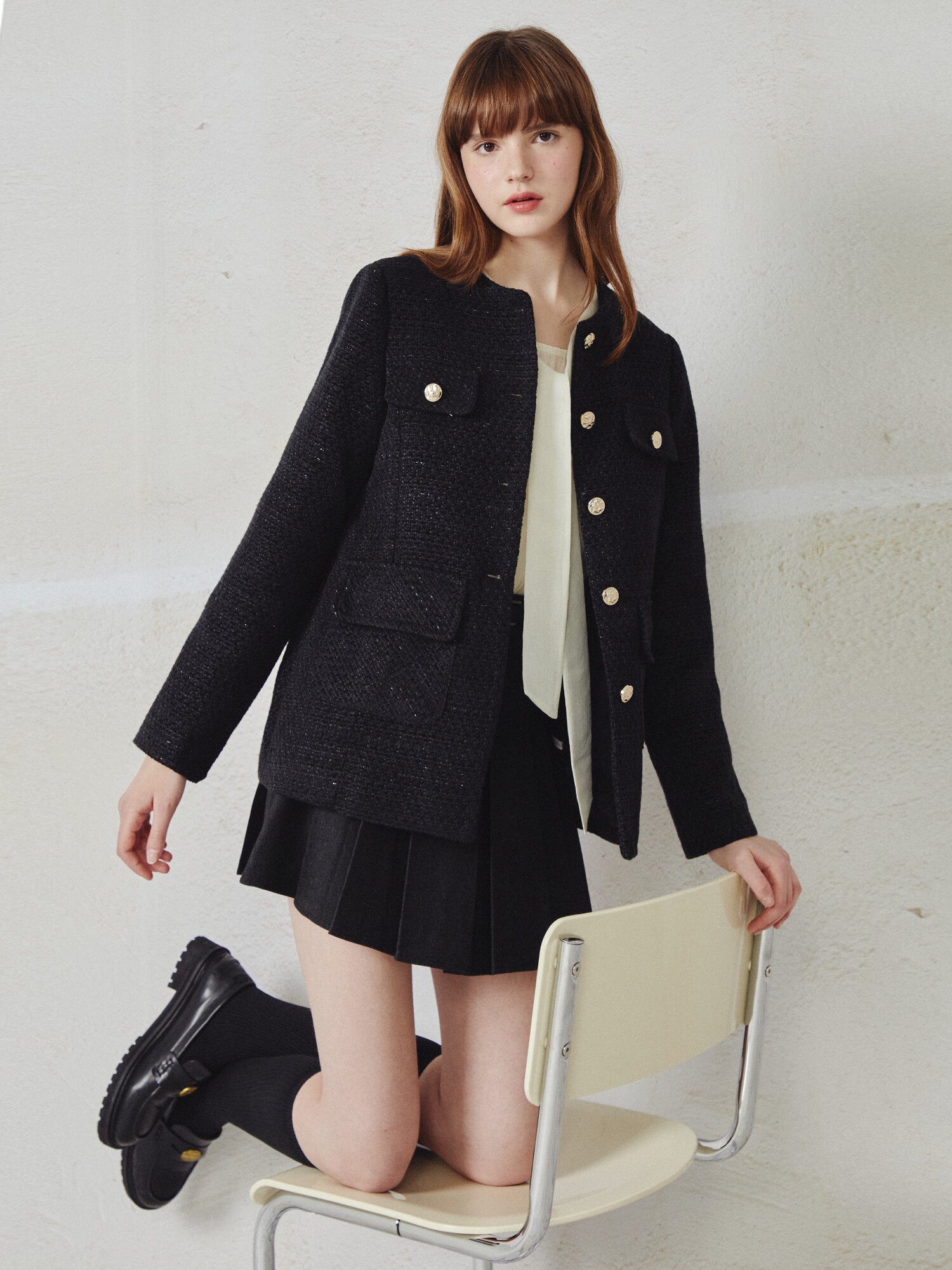 라운드넥 하프 트위드 재킷  (BLACK)