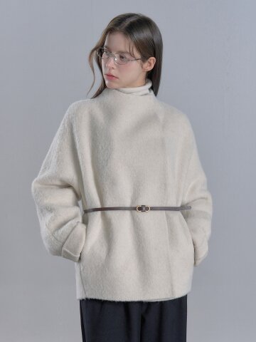 수리 알파카 벨티드 핸드메이드 하프 코트 - 라이트블루/아이보리/블랙
