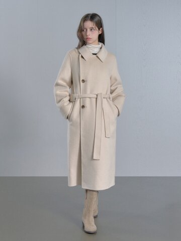 울 블렌드 벨티드 롱 코트 - 블랙/베이지
