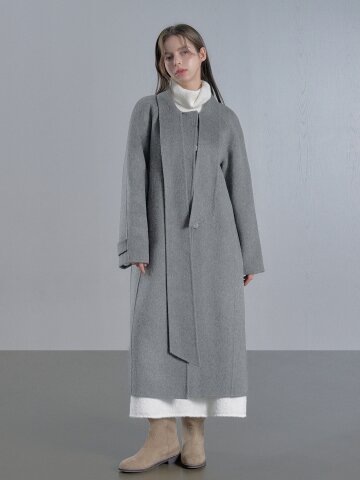 울 스카프 핸드메이드 롱 코트 - 그레이/크림
