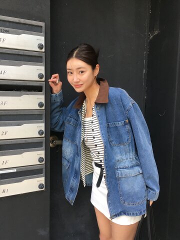 배색 칼라 스트링 데님 재킷 