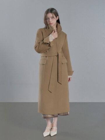 울 하이넥 카라 핸드메이드 코트 - 카멜/블랙
