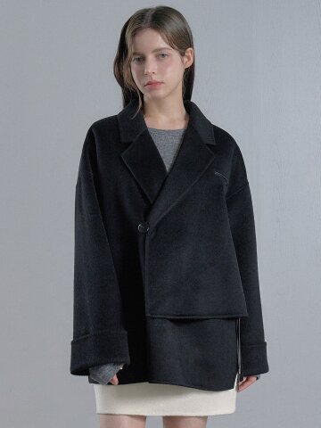 캐시미어 랩 핸드메이드 하프 코트 - 블랙/크림
